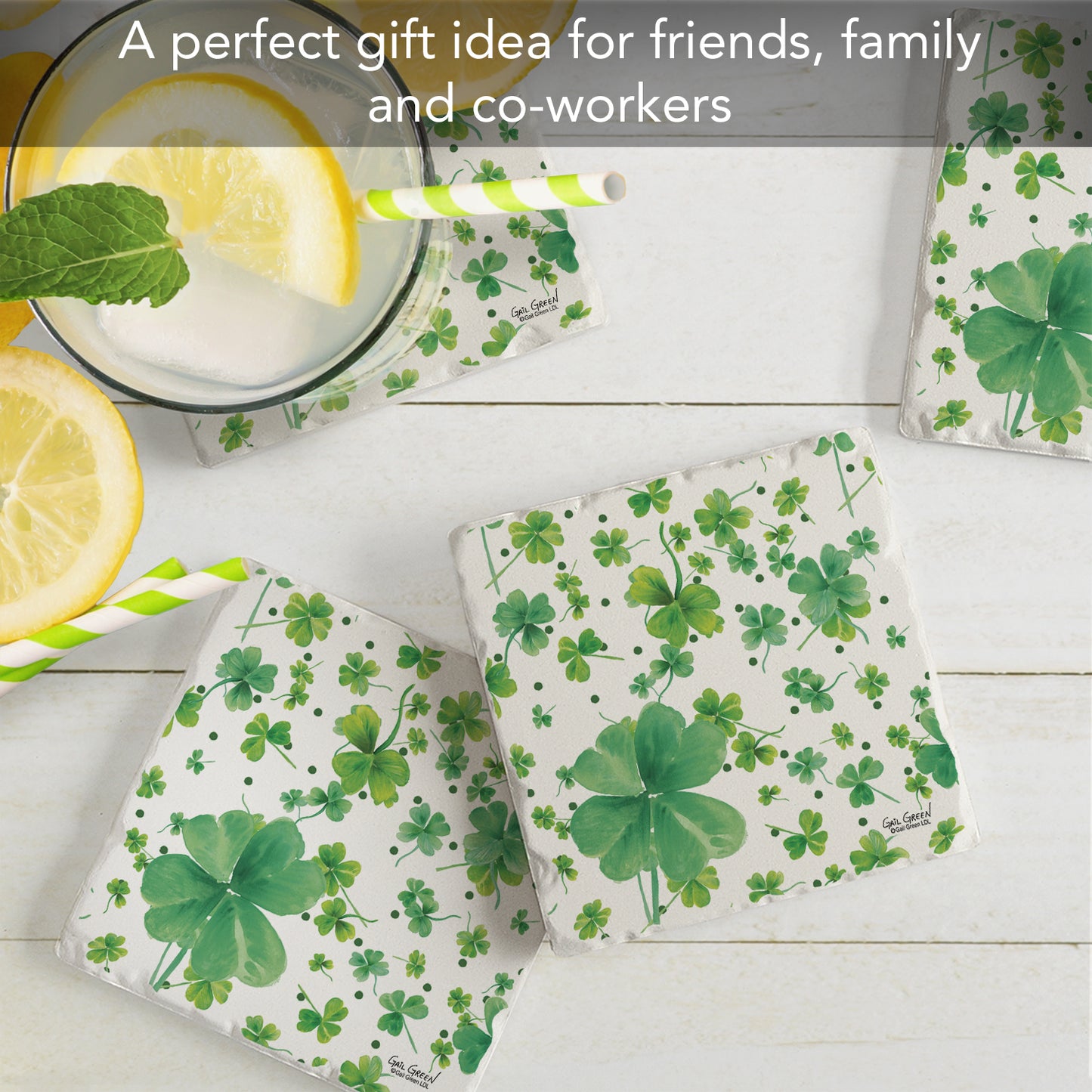 Thirstystone Shamrock Pattern 4-Pack Absorbent Stone Tumbled Tile Coasters 4" Square Manufactured in the USA