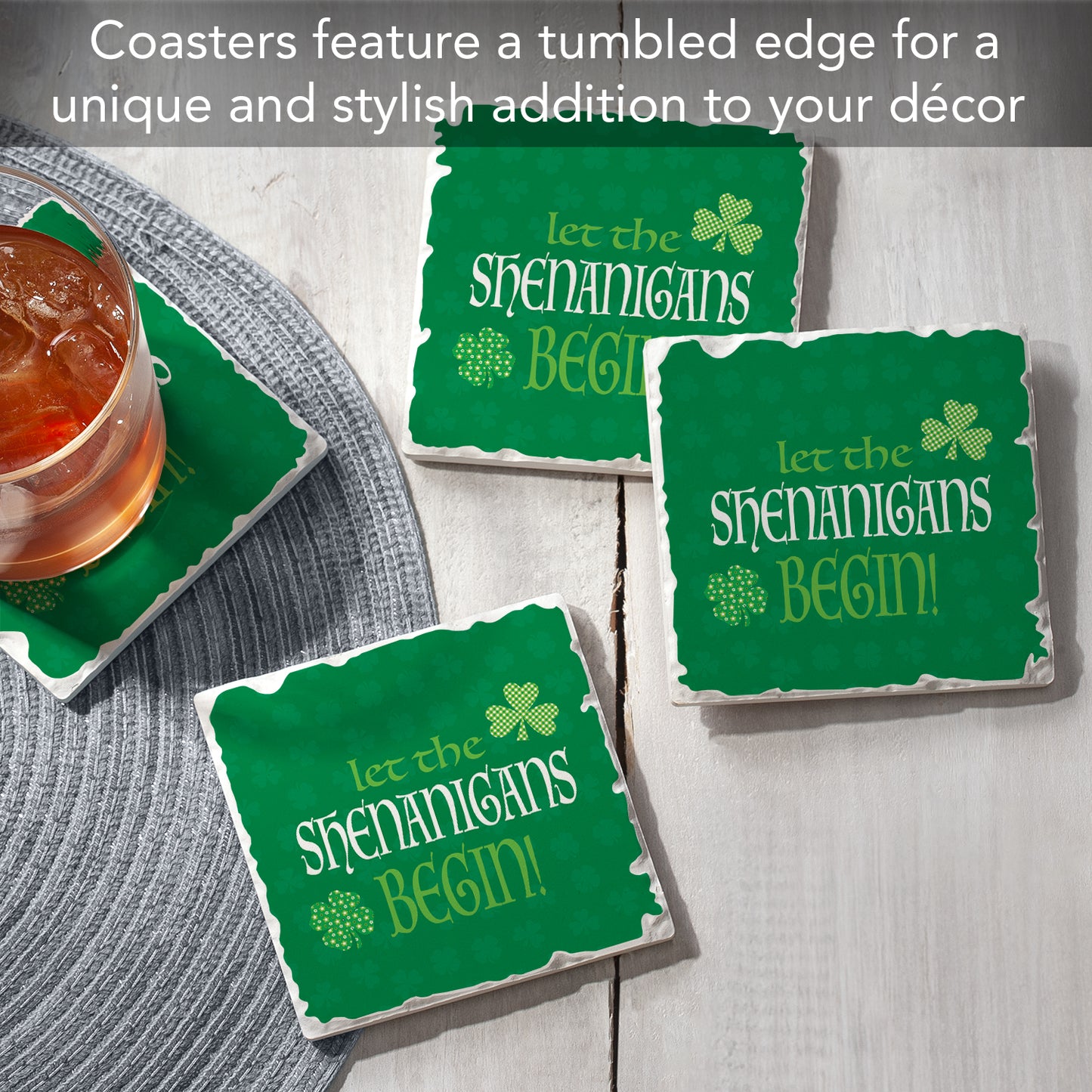 Thirstystone Shamrock Shenanigans 4-Pack Absorbent Stone Tumbled Tile Coasters  4" Square Manufactured in the USA