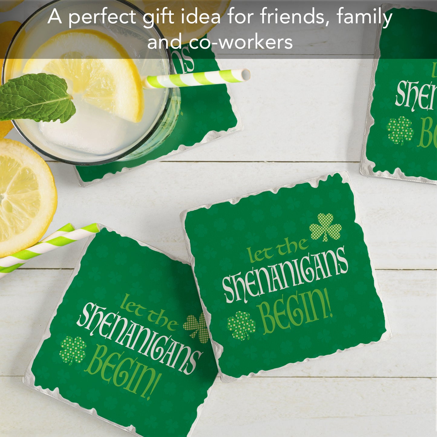 Thirstystone Shamrock Shenanigans 4-Pack Absorbent Stone Tumbled Tile Coasters  4" Square Manufactured in the USA