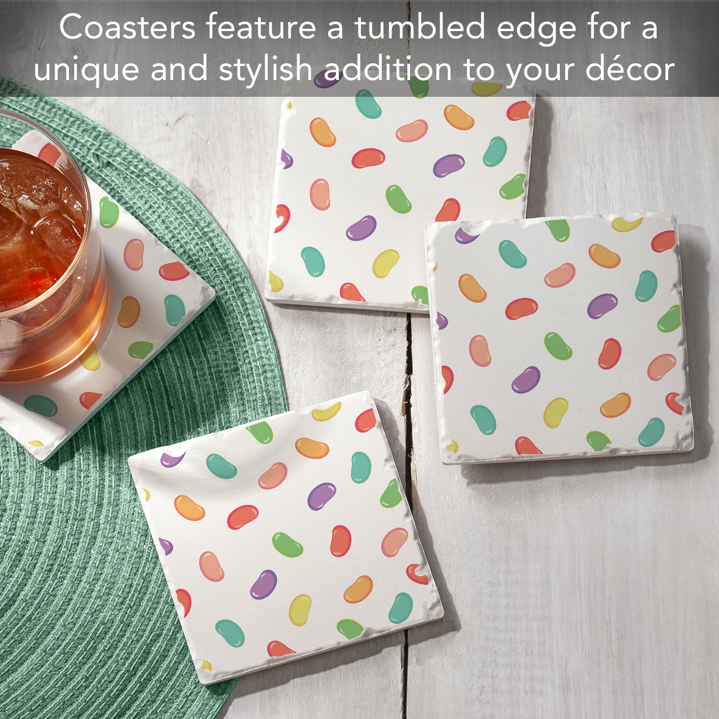 Thirstystone Jelly Beans 4-Pack Absorbent Stone Tumbled Tile Coasters 4" Square Manufactured in the USA