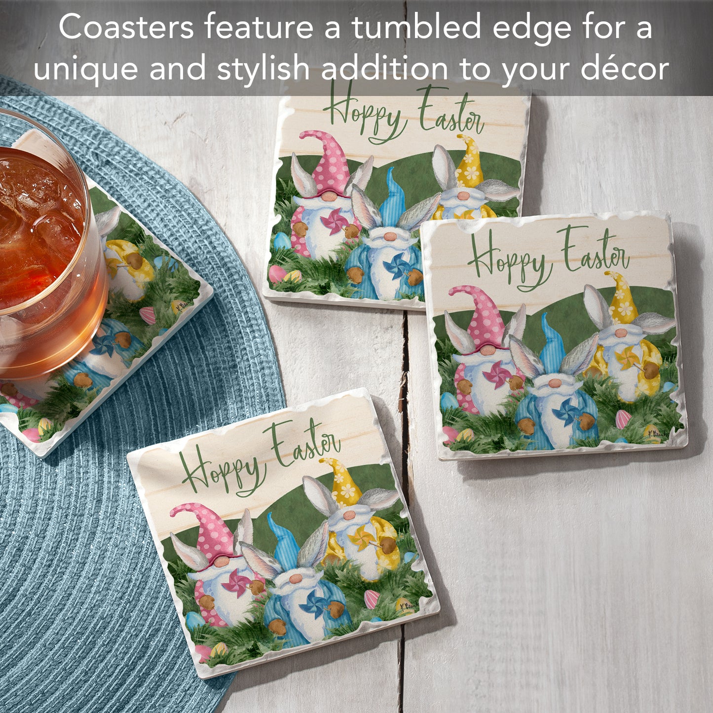 Thirstystone Hoppy Easter 4 Pack Tumbled Tile Stone Coasters 4" Square Manufactured in the USA