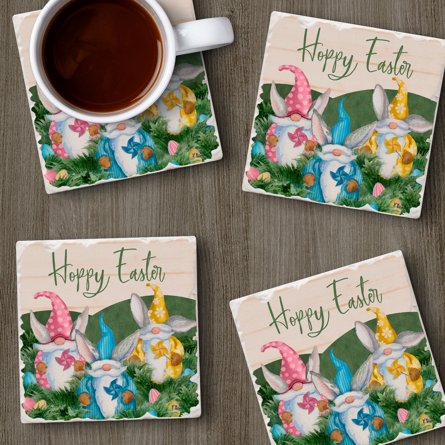Thirstystone Hoppy Easter 4 Pack Tumbled Tile Stone Coasters 4" Square Manufactured in the USA