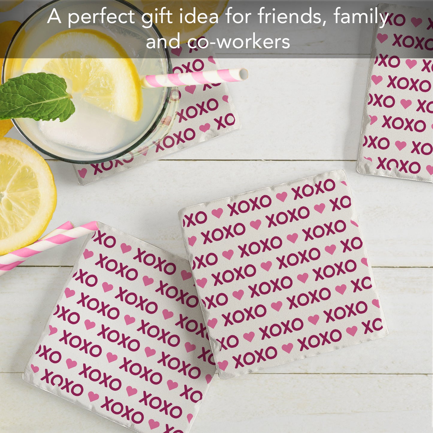 Thirstystone XOXO 4 Pack Absorbent Stone Tumbled Tile Coasters with Protective Cork Backing 4" Square Manufactured in The USA Artistic Absorbent Easily Wipes Clean