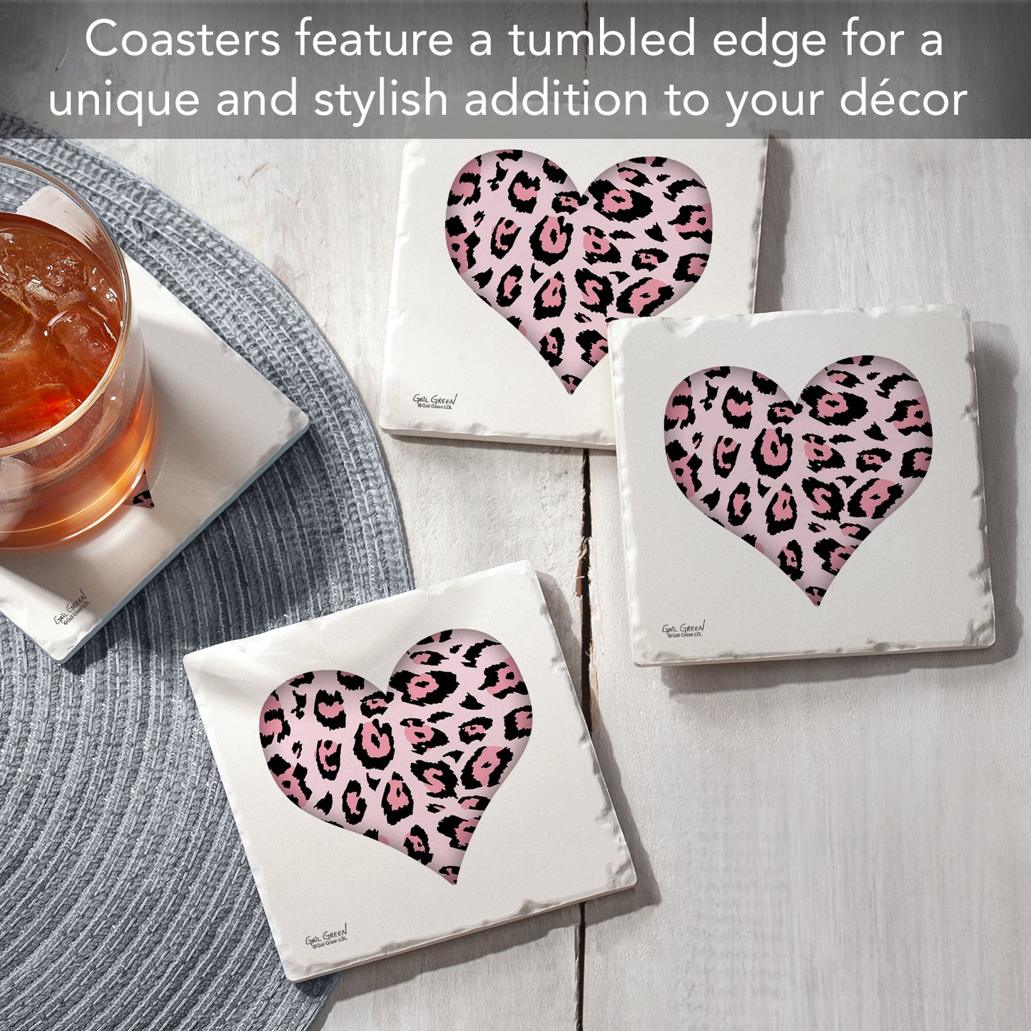 Thirstystone Leopard Hearts 4 Pack Absorbent Stone Tumbled Tile Coasters with Protective Cork Backing 4" Square Manufactured in The USA Artistic Absorbent Easily Wipes Clean