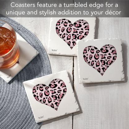 Thirstystone Leopard Hearts 4 Pack Absorbent Stone Tumbled Tile Coasters with Protective Cork Backing 4" Square Manufactured in The USA Artistic Absorbent Easily Wipes Clean