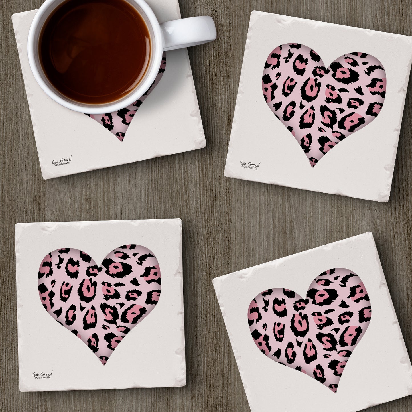 Thirstystone Leopard Hearts 4 Pack Absorbent Stone Tumbled Tile Coasters with Protective Cork Backing 4" Square Manufactured in The USA Artistic Absorbent Easily Wipes Clean