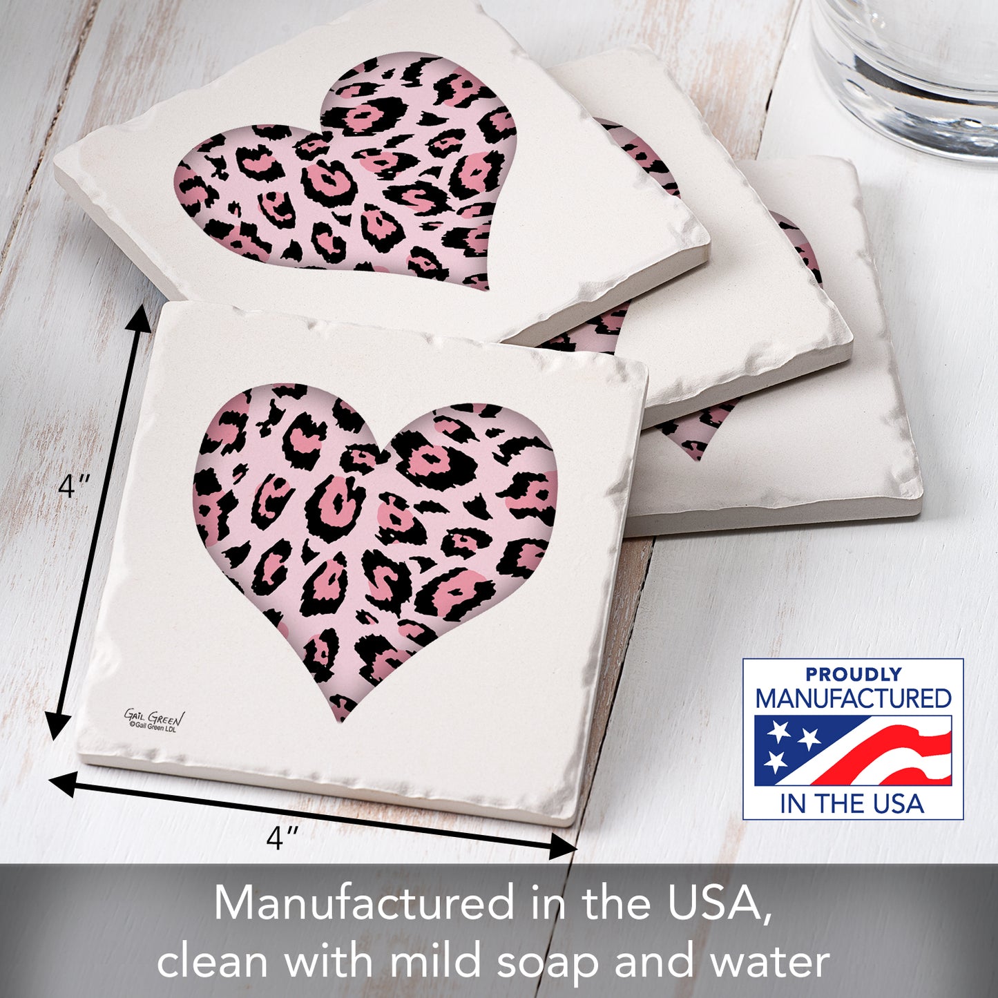 Thirstystone Leopard Hearts 4 Pack Absorbent Stone Tumbled Tile Coasters with Protective Cork Backing 4" Square Manufactured in The USA Artistic Absorbent Easily Wipes Clean