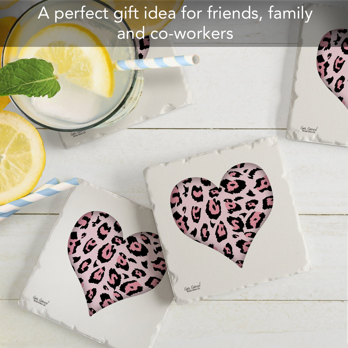 Thirstystone Leopard Hearts 4 Pack Absorbent Stone Tumbled Tile Coasters with Protective Cork Backing 4" Square Manufactured in The USA Artistic Absorbent Easily Wipes Clean