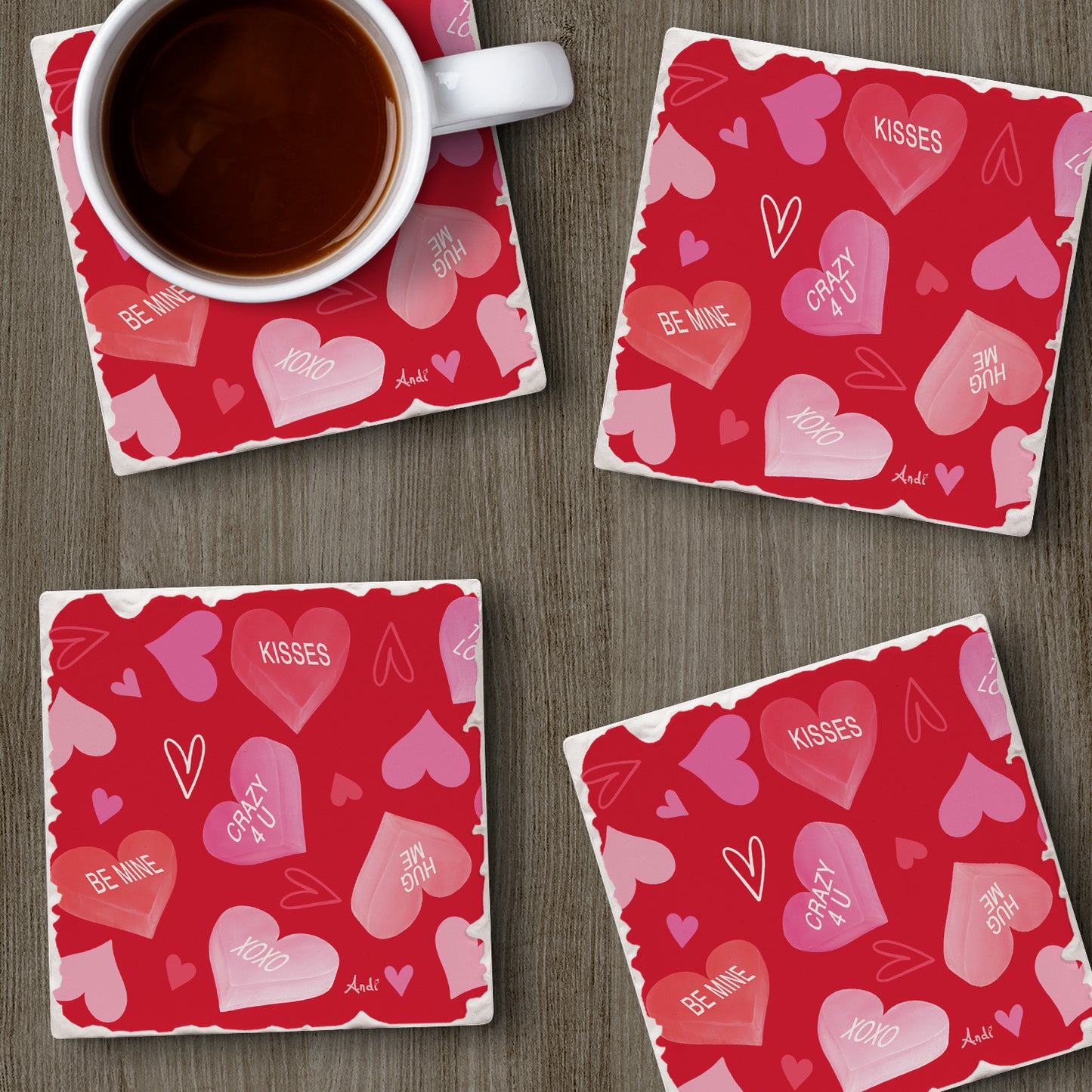 Thirstystone Candy Hearts 4 Pack Absorbent Stone Tumbled Tile Coasters with Protective Cork Backing 4" Square Manufactured in The USA Artistic Absorbent Easily Wipes Clean