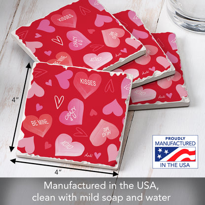 Thirstystone Candy Hearts 4 Pack Absorbent Stone Tumbled Tile Coasters with Protective Cork Backing 4" Square Manufactured in The USA Artistic Absorbent Easily Wipes Clean