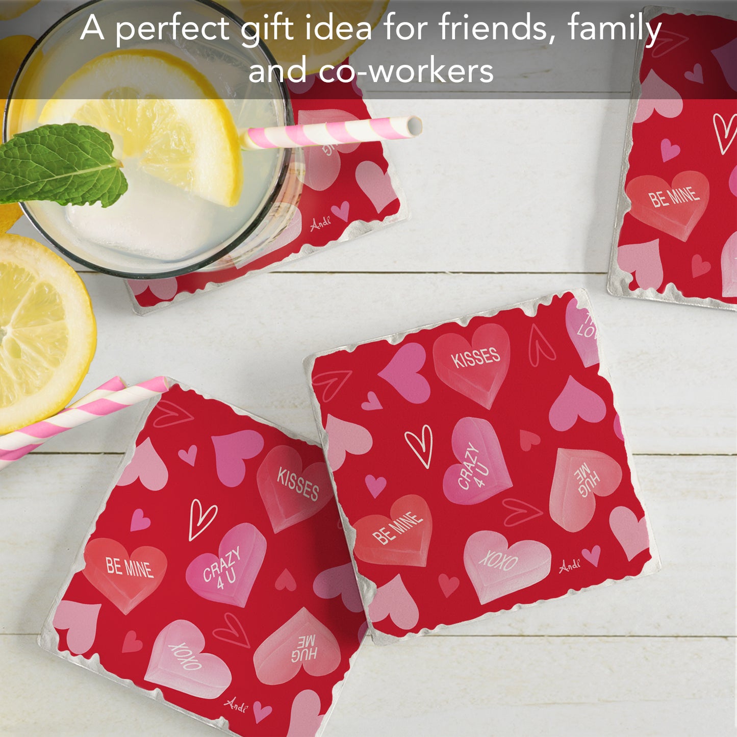 Thirstystone Candy Hearts 4 Pack Absorbent Stone Tumbled Tile Coasters with Protective Cork Backing 4" Square Manufactured in The USA Artistic Absorbent Easily Wipes Clean