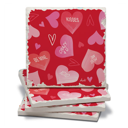 Thirstystone Candy Hearts 4 Pack Absorbent Stone Tumbled Tile Coasters with Protective Cork Backing 4" Square Manufactured in The USA Artistic Absorbent Easily Wipes Clean