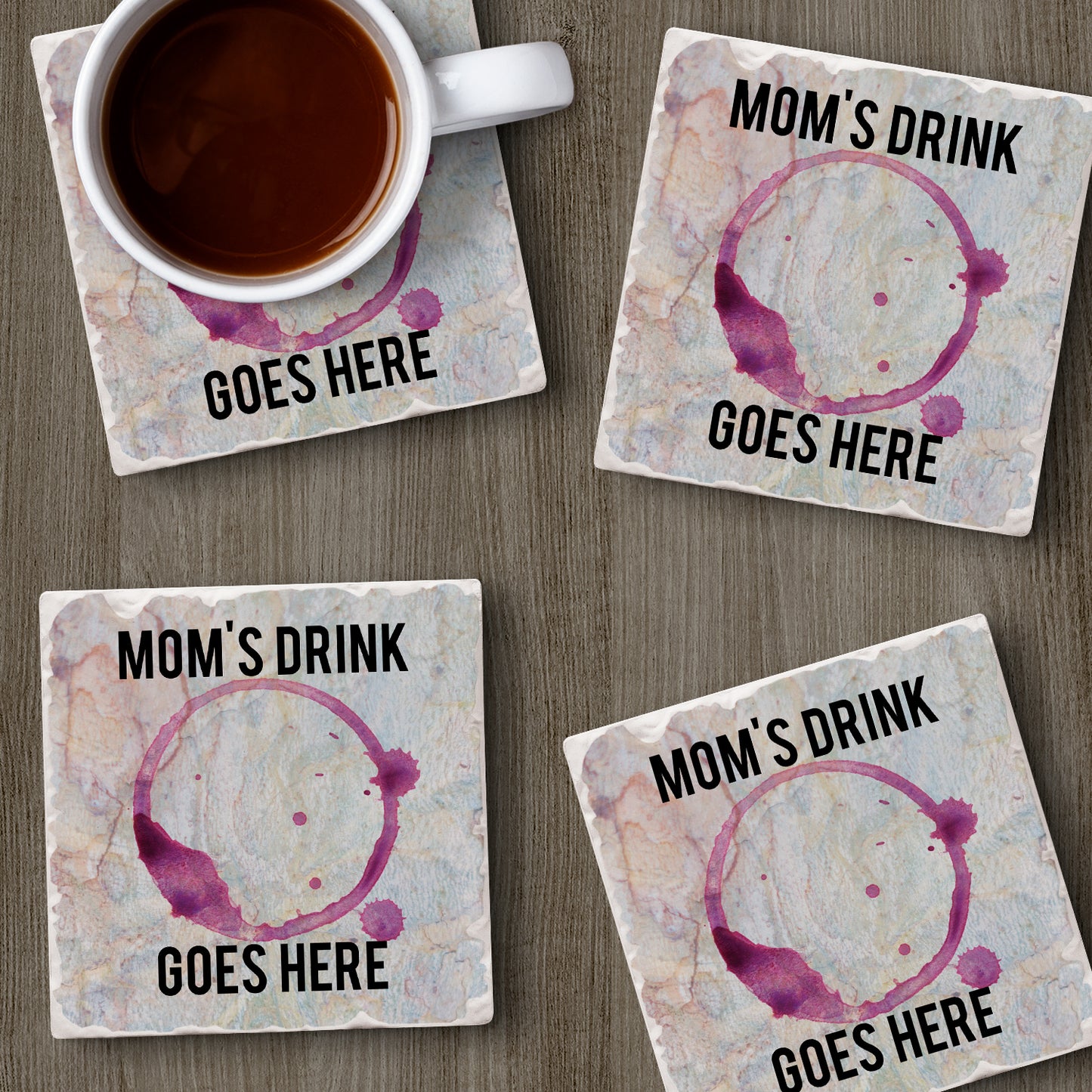 Thirstystone Mom's Drink 4 Pack Absorbent Stone Tumbled Tile Coasters with Protective Cork Backing 4" Square Manufactured in The USA Artistic Absorbent Easily Wipes Clean