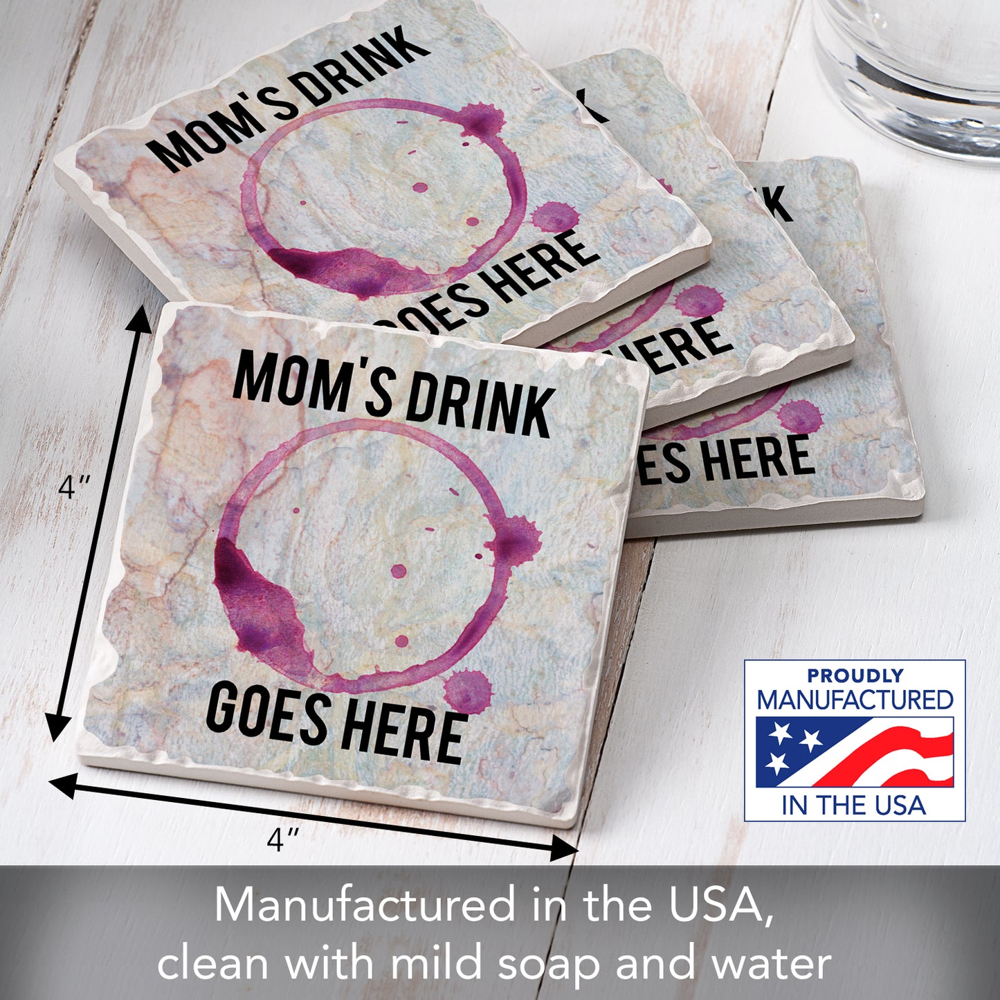 Thirstystone Mom's Drink 4 Pack Absorbent Stone Tumbled Tile Coasters with Protective Cork Backing 4" Square Manufactured in The USA Artistic Absorbent Easily Wipes Clean