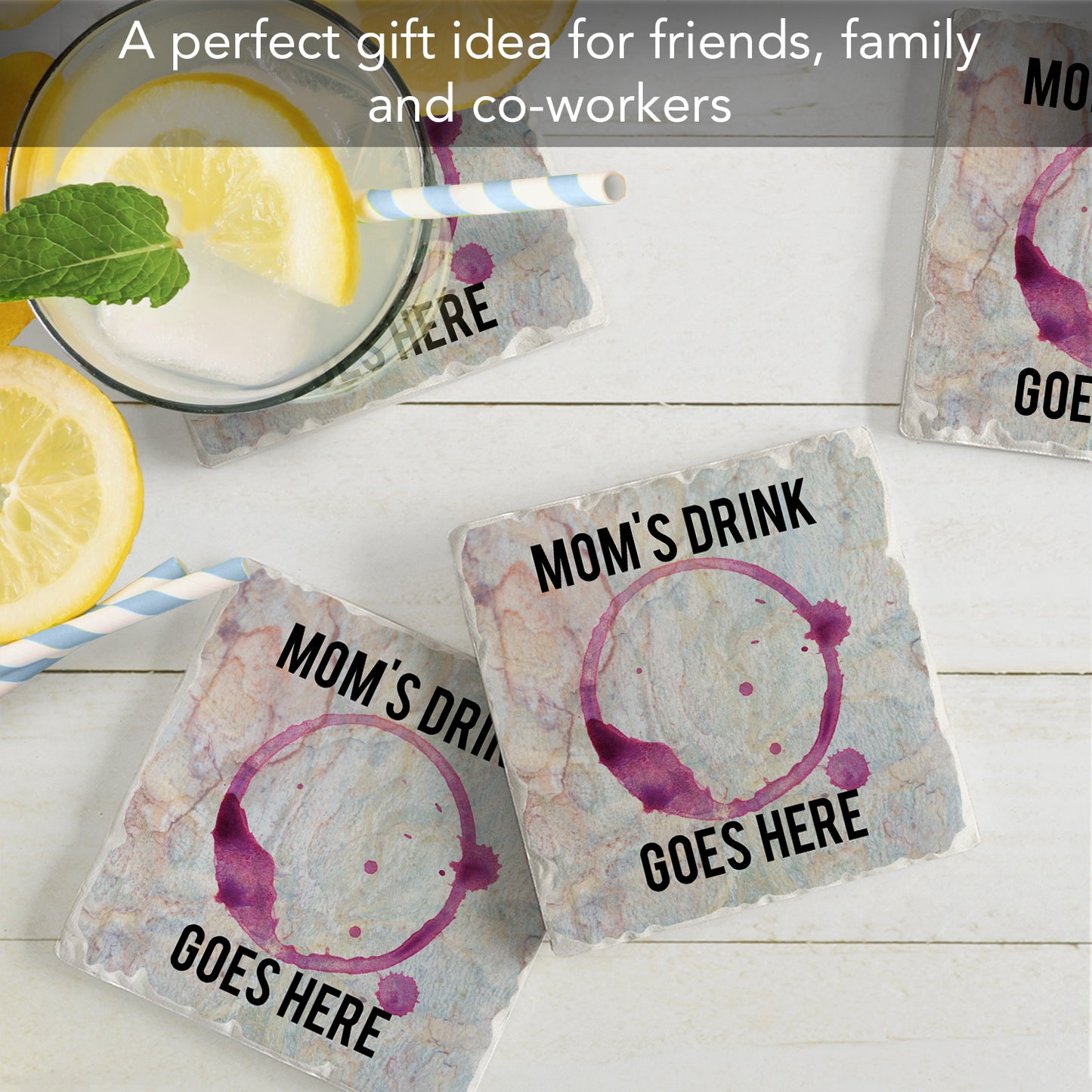 Thirstystone Mom's Drink 4 Pack Absorbent Stone Tumbled Tile Coasters with Protective Cork Backing 4" Square Manufactured in The USA Artistic Absorbent Easily Wipes Clean