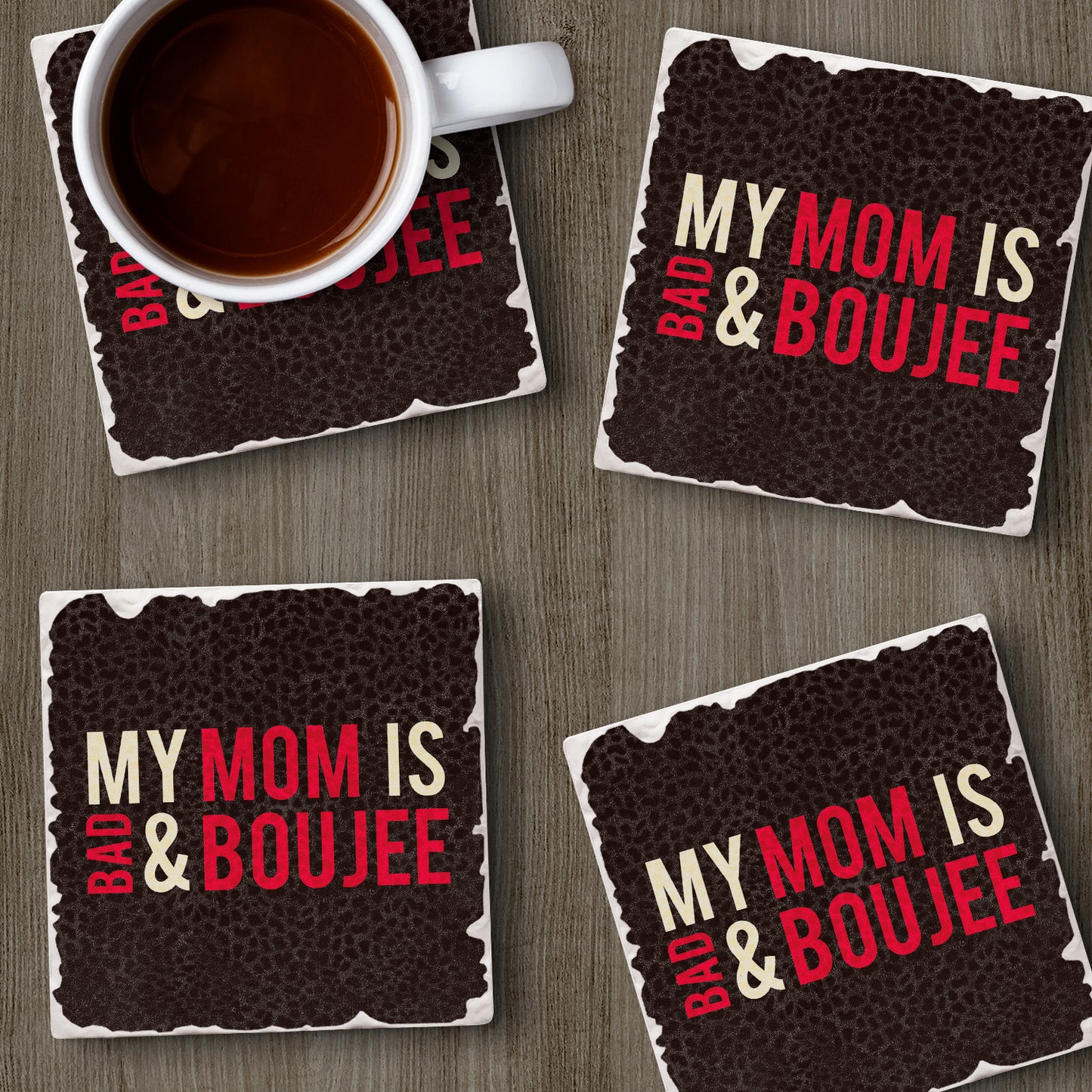Thirstystone Boujee Mom 4 Pack Absorbent Stone Tumbled Tile Coasters with Protective Cork Backing 4" Square Manufactured in The USA Artistic Absorbent Easily Wipes Clean