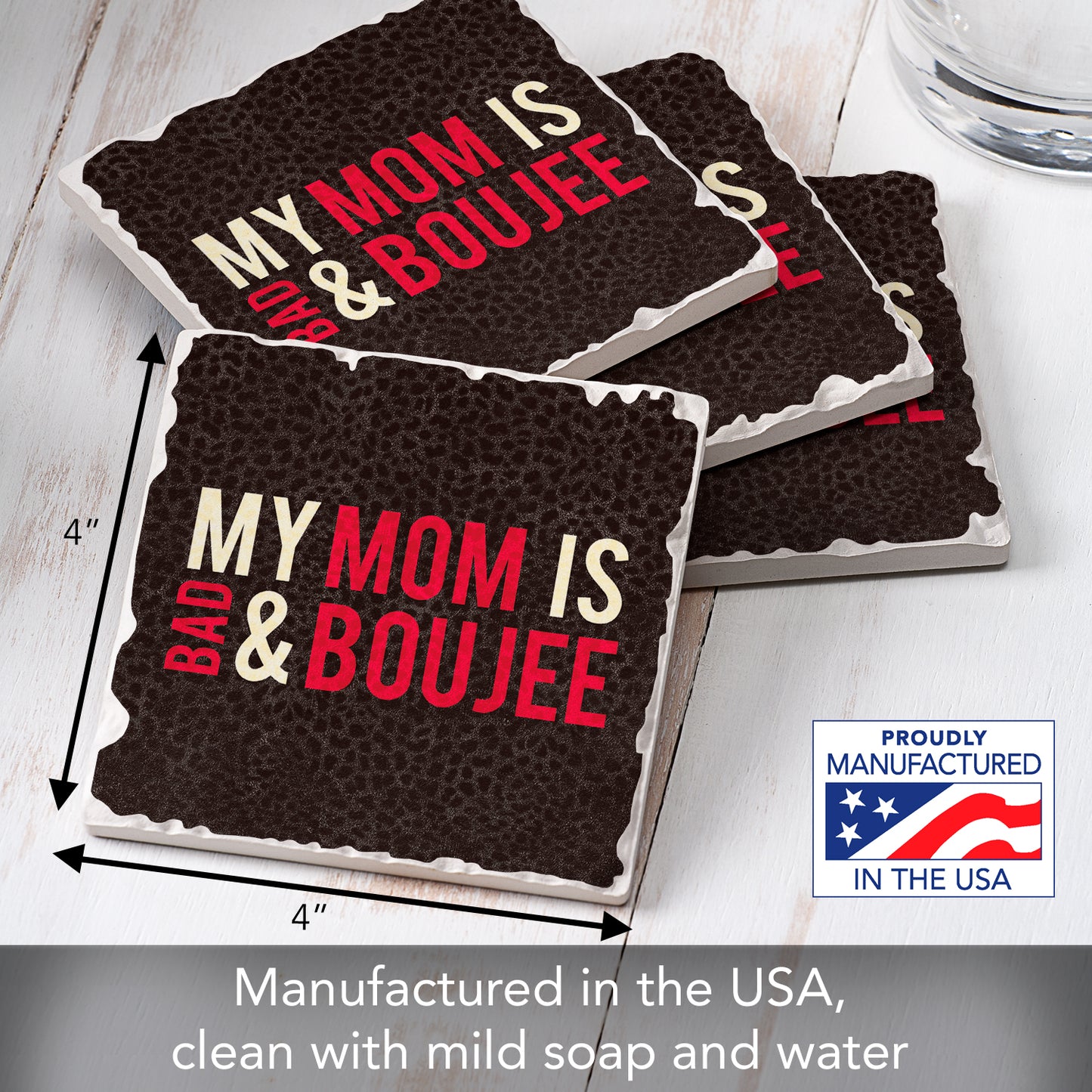 Thirstystone Boujee Mom 4 Pack Absorbent Stone Tumbled Tile Coasters with Protective Cork Backing 4" Square Manufactured in The USA Artistic Absorbent Easily Wipes Clean