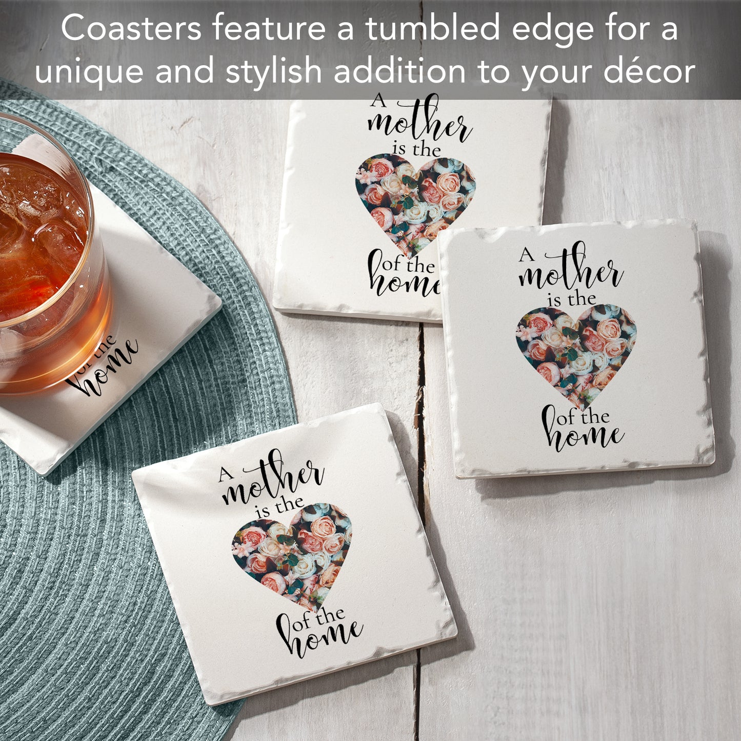 Thirstystone A Mother is The Heart of The Home 4 Pack Absorbent Stone Tumbled Tile Coasters with Protective Cork Backing 4" Square Manufactured in The USA Artistic Absorbent Easily Wipes Clean