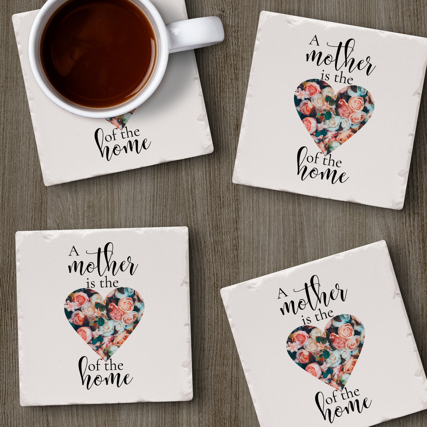 Thirstystone A Mother is The Heart of The Home 4 Pack Absorbent Stone Tumbled Tile Coasters with Protective Cork Backing 4" Square Manufactured in The USA Artistic Absorbent Easily Wipes Clean