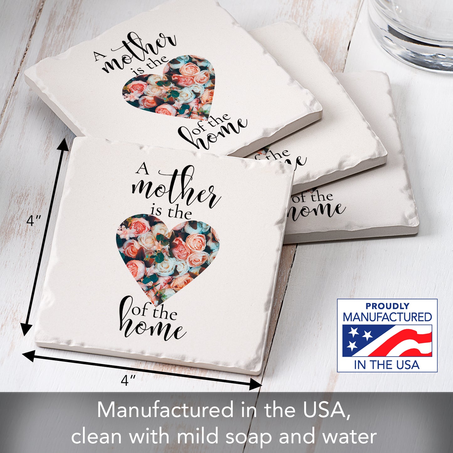 Thirstystone A Mother is The Heart of The Home 4 Pack Absorbent Stone Tumbled Tile Coasters with Protective Cork Backing 4" Square Manufactured in The USA Artistic Absorbent Easily Wipes Clean