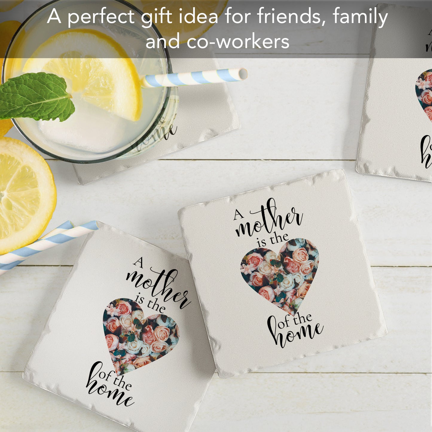 Thirstystone A Mother is The Heart of The Home 4 Pack Absorbent Stone Tumbled Tile Coasters with Protective Cork Backing 4" Square Manufactured in The USA Artistic Absorbent Easily Wipes Clean