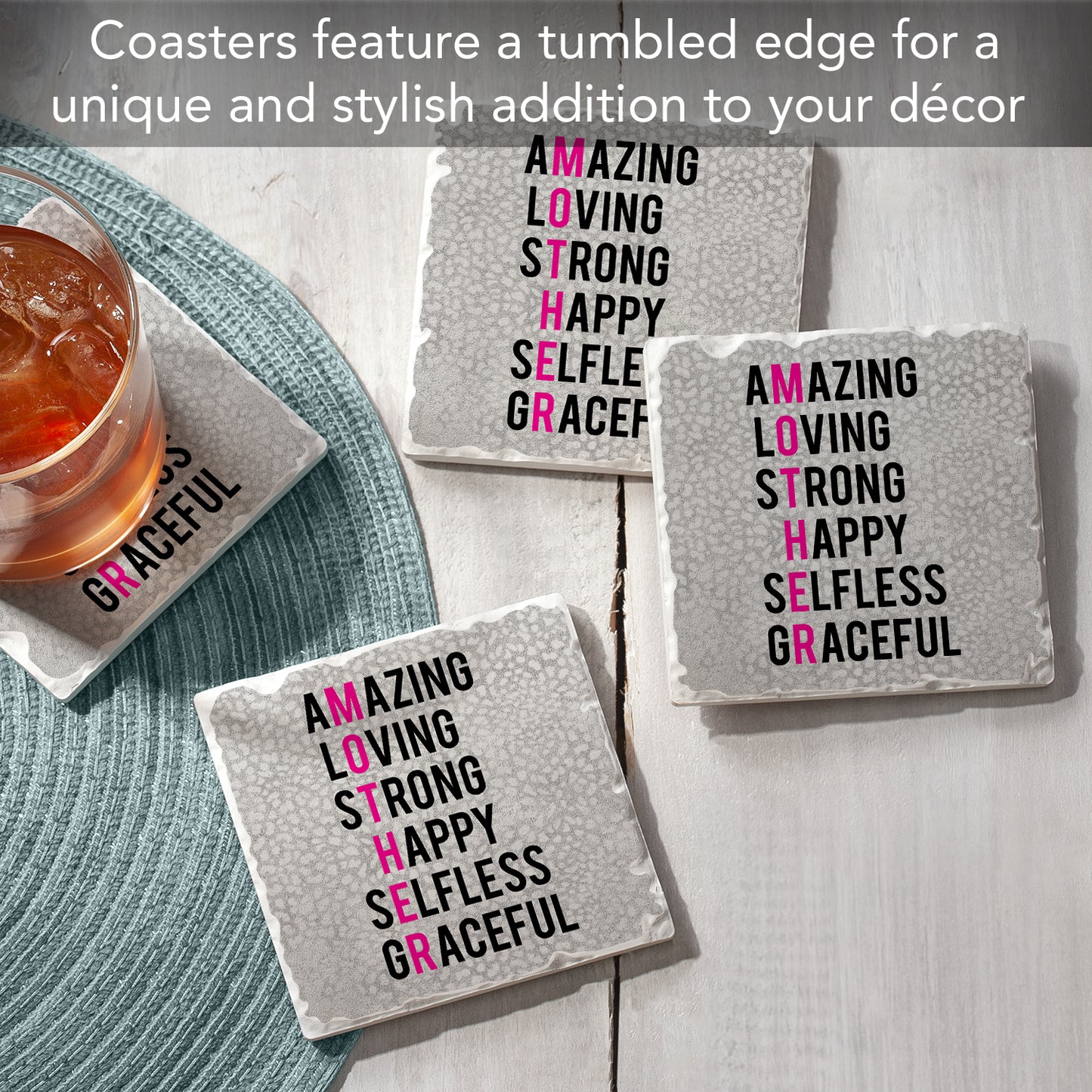 Thirstystone Mother Acronym 4-Pack Absorbent Stone Tumbled Tile Coasters with Protective Cork Backing 4" Square Manufactured in The USA Artistic Absorbent Easily Wipes Clean