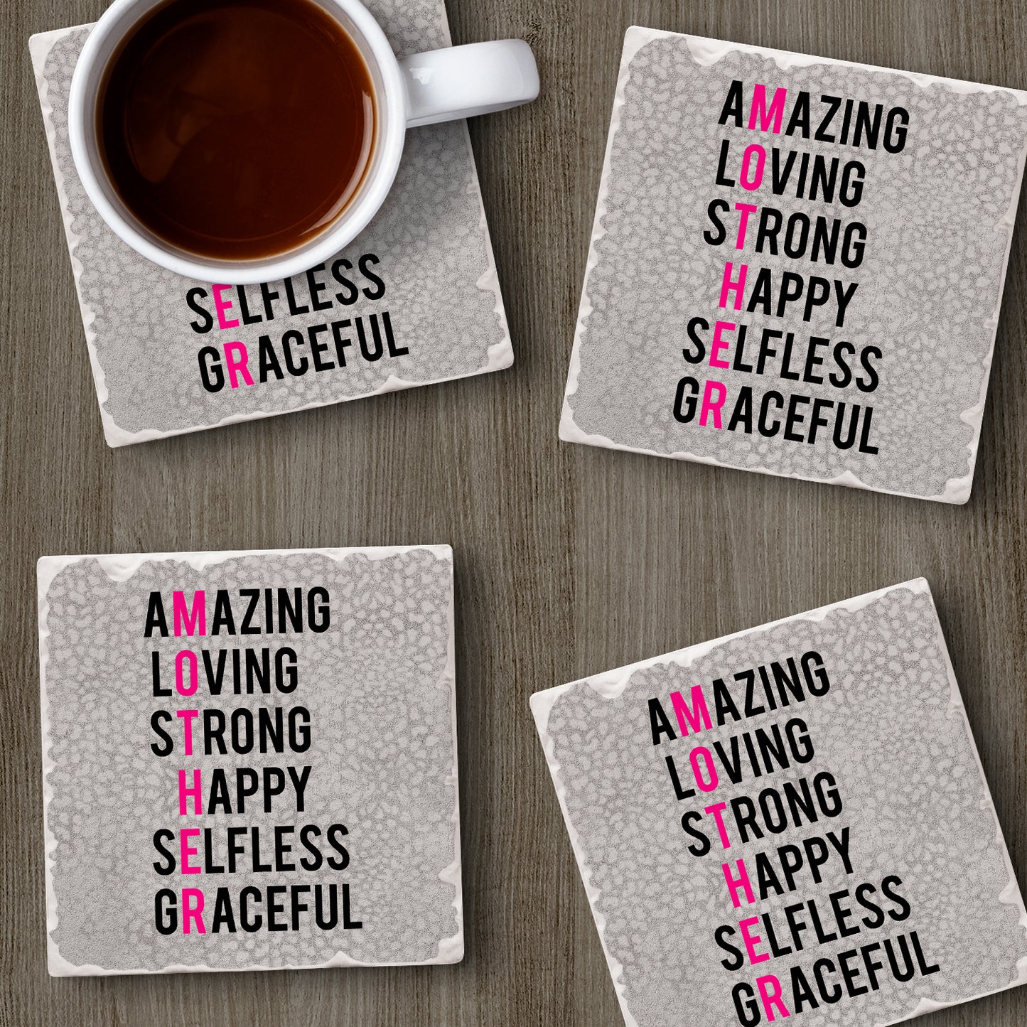 Thirstystone Mother Acronym 4-Pack Absorbent Stone Tumbled Tile Coasters with Protective Cork Backing 4" Square Manufactured in The USA Artistic Absorbent Easily Wipes Clean