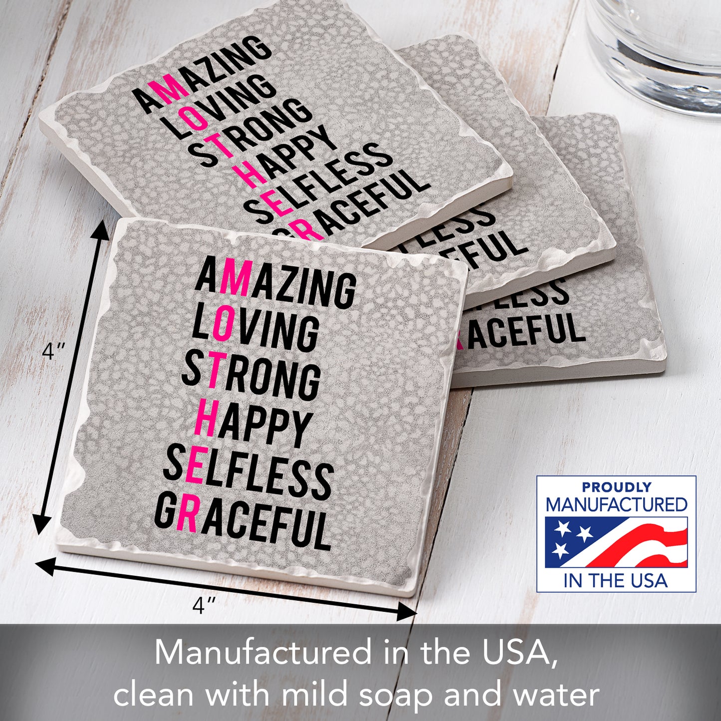 Thirstystone Mother Acronym 4-Pack Absorbent Stone Tumbled Tile Coasters with Protective Cork Backing 4" Square Manufactured in The USA Artistic Absorbent Easily Wipes Clean