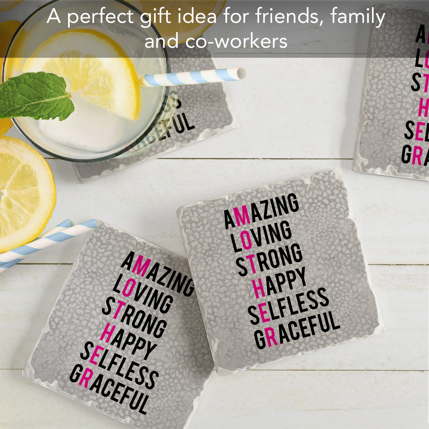Thirstystone Mother Acronym 4-Pack Absorbent Stone Tumbled Tile Coasters with Protective Cork Backing 4" Square Manufactured in The USA Artistic Absorbent Easily Wipes Clean