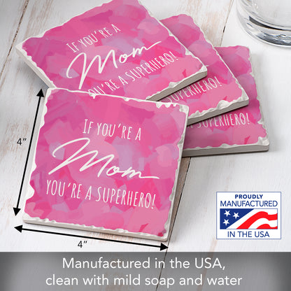 Thirstystone Superhero Mom 4 Pack Absorbent Stone Tumbled Tile Coasters with Protective Cork Backing 4" Square Manufactured in The USA Artistic Absorbent Easily Wipes Clean