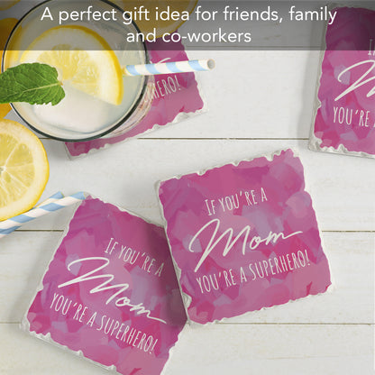 Thirstystone Superhero Mom 4 Pack Absorbent Stone Tumbled Tile Coasters with Protective Cork Backing 4" Square Manufactured in The USA Artistic Absorbent Easily Wipes Clean