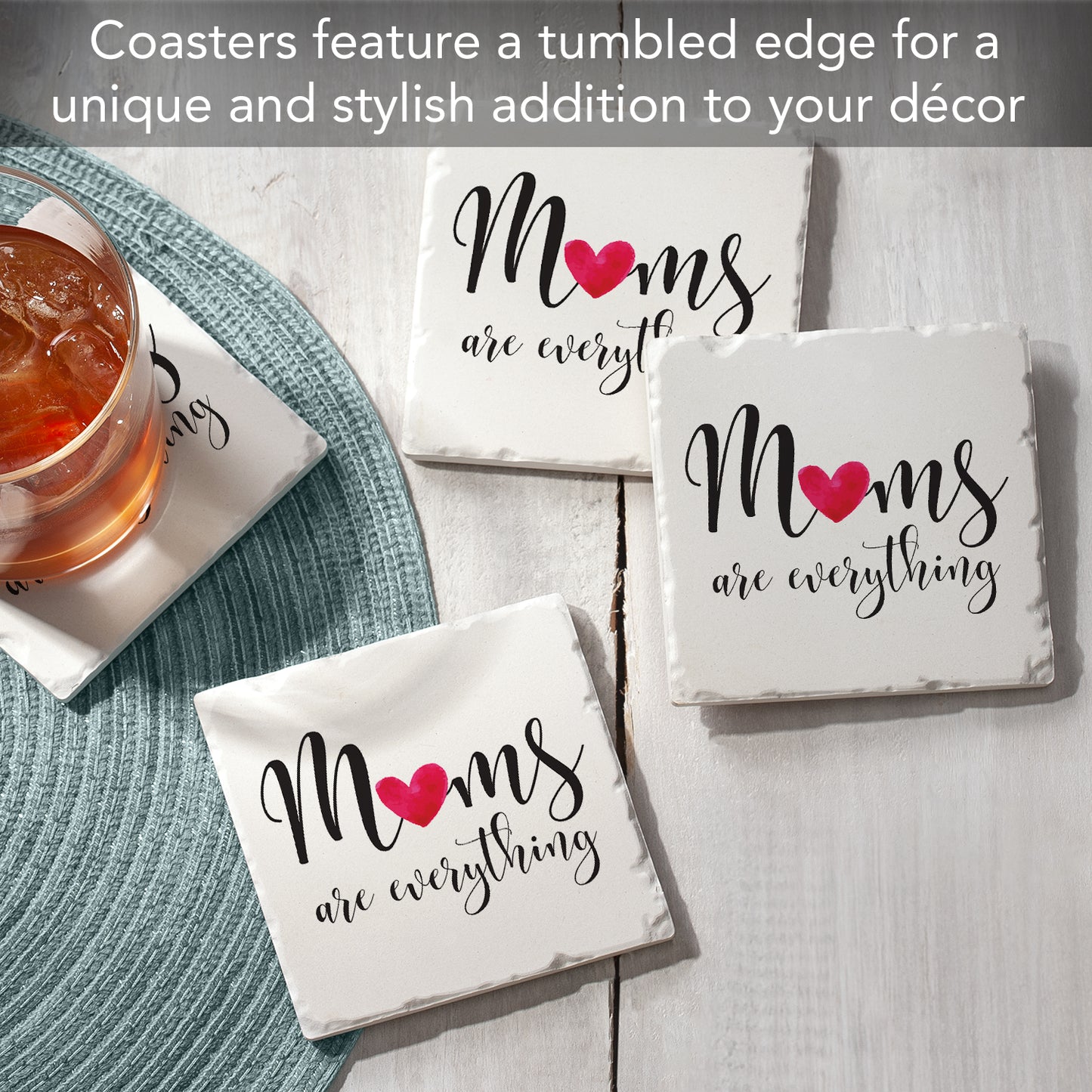 Thirstystone Mom Everything 4 Pack Absorbent Stone Tumbled Tile Coasters with Protective Cork Backing 4" Square Manufactured in The USA Artistic Absorbent Easily Wipes Clean