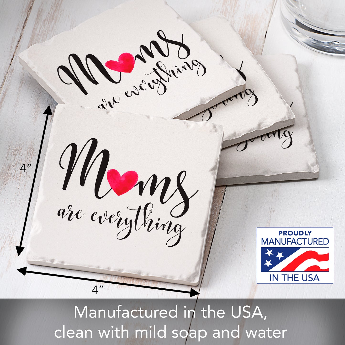 Thirstystone Mom Everything 4 Pack Absorbent Stone Tumbled Tile Coasters with Protective Cork Backing 4" Square Manufactured in The USA Artistic Absorbent Easily Wipes Clean