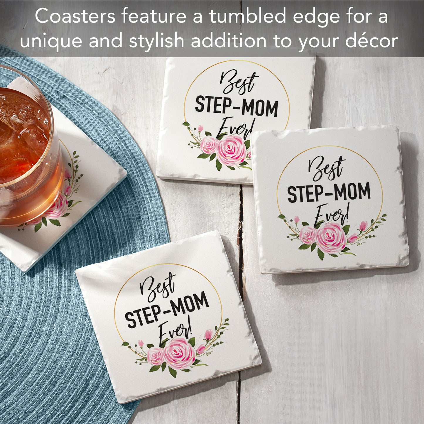 Thirstystone Best Step Mom 4 Pack Absorbent Stone Tumbled Tile Coasters with Protective Cork Backing 4" Square Manufactured in The USA Artistic Absorbent Easily Wipes Clean