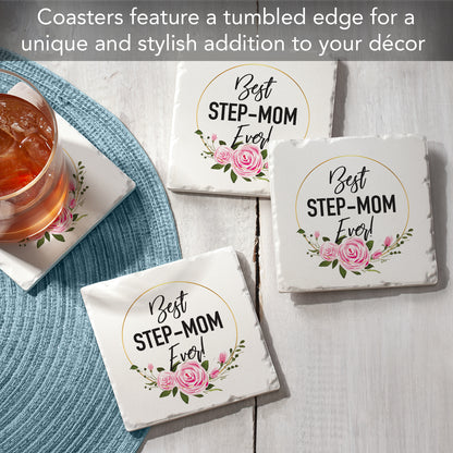 Thirstystone Best Step Mom 4 Pack Absorbent Stone Tumbled Tile Coasters with Protective Cork Backing 4" Square Manufactured in The USA Artistic Absorbent Easily Wipes Clean