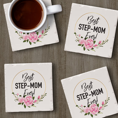 Thirstystone Best Step Mom 4 Pack Absorbent Stone Tumbled Tile Coasters with Protective Cork Backing 4" Square Manufactured in The USA Artistic Absorbent Easily Wipes Clean