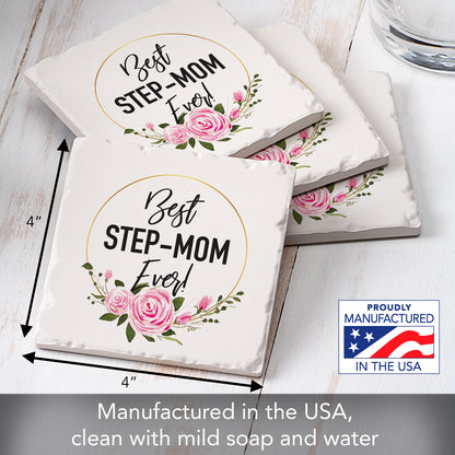 Thirstystone Best Step Mom 4 Pack Absorbent Stone Tumbled Tile Coasters with Protective Cork Backing 4" Square Manufactured in The USA Artistic Absorbent Easily Wipes Clean