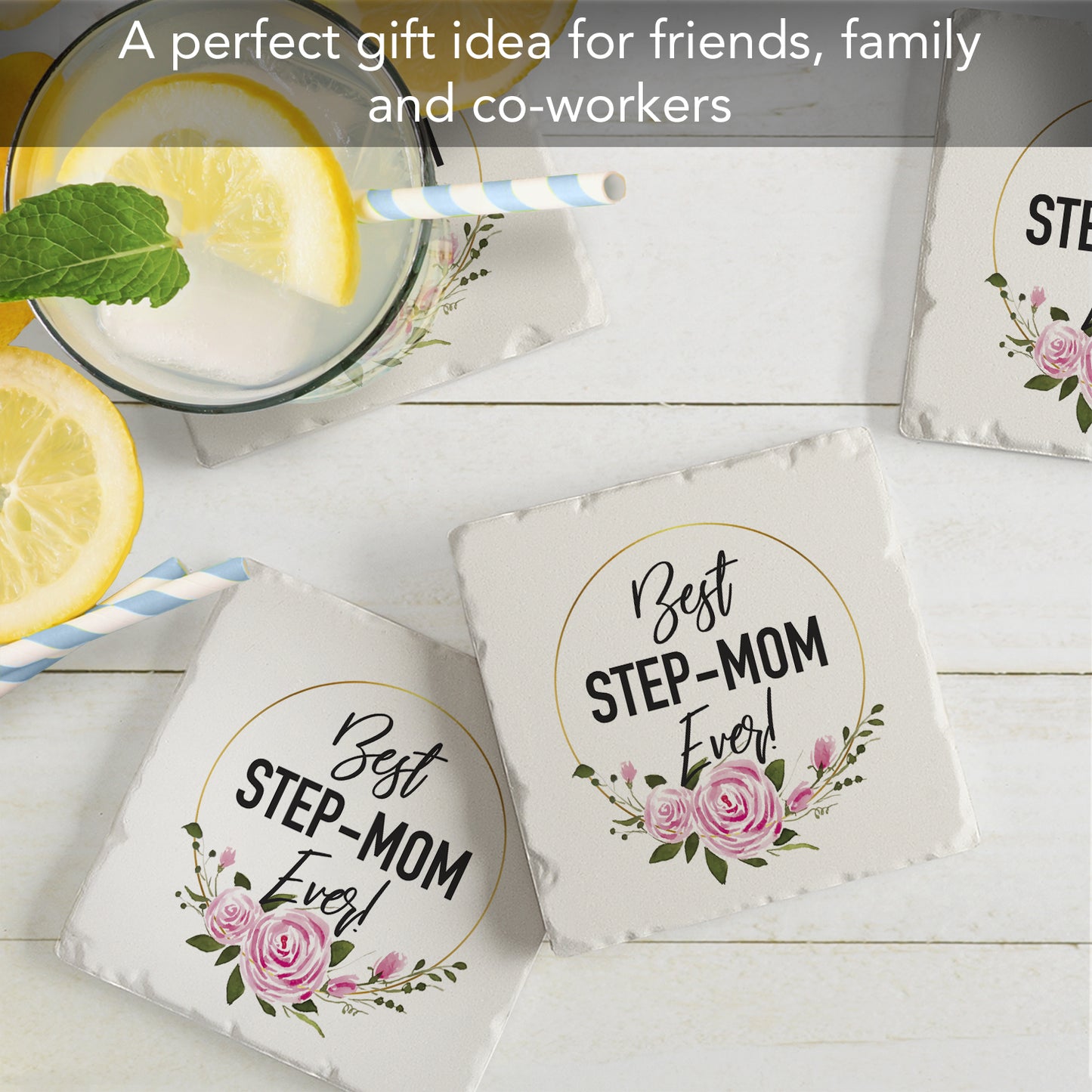 Thirstystone Best Step Mom 4 Pack Absorbent Stone Tumbled Tile Coasters with Protective Cork Backing 4" Square Manufactured in The USA Artistic Absorbent Easily Wipes Clean