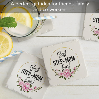 Thirstystone Best Step Mom 4 Pack Absorbent Stone Tumbled Tile Coasters with Protective Cork Backing 4" Square Manufactured in The USA Artistic Absorbent Easily Wipes Clean