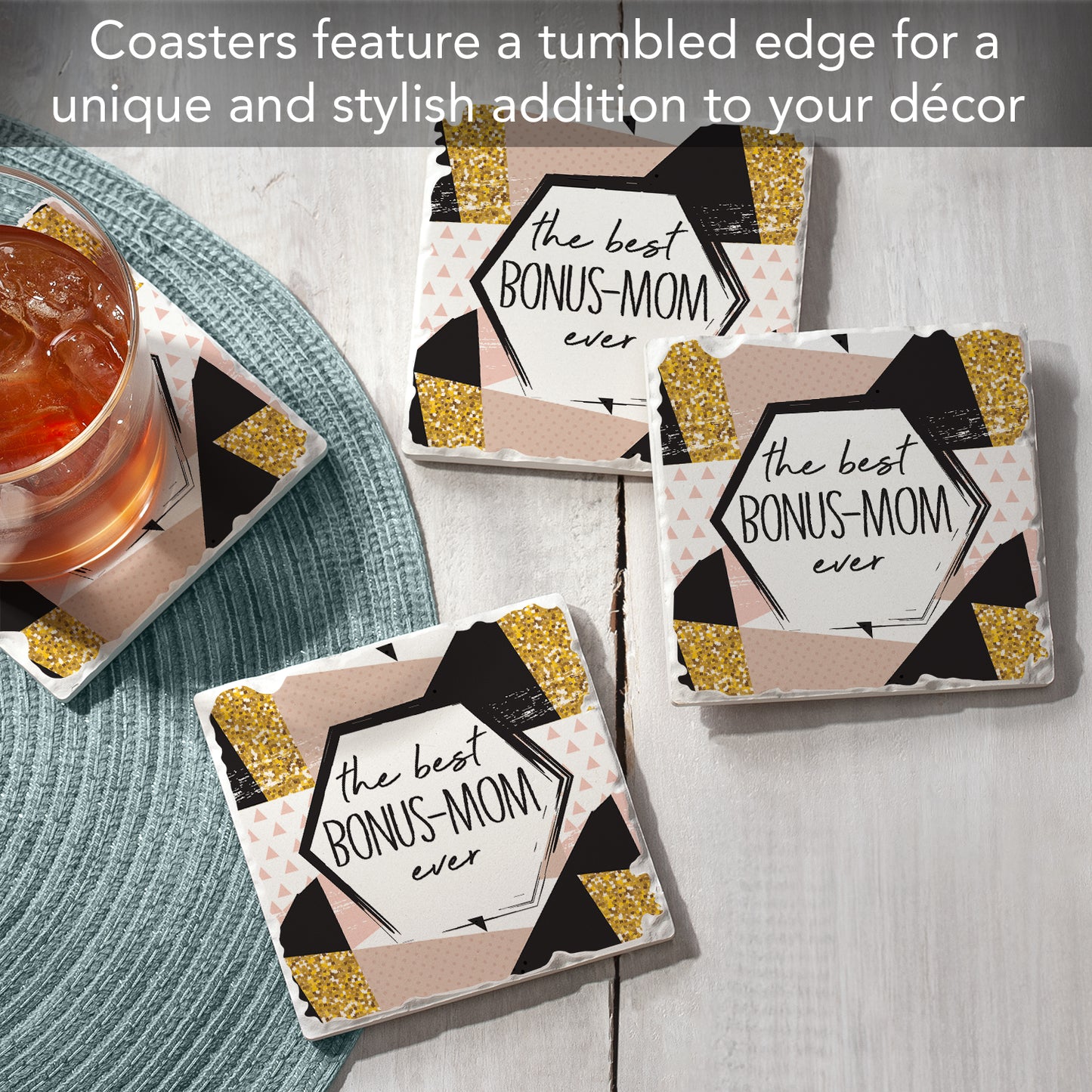 Thirstystone Bonus Mom 4 Pack Absorbent Stone Tumbled Tile Coasters with Protective Cork Backing 4" Square Manufactured in The USA Artistic Absorbent Easily Wipes Clean
