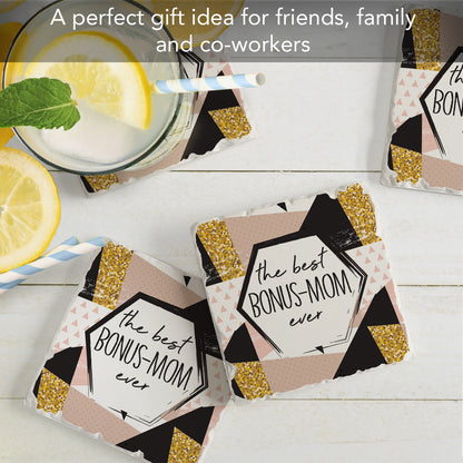 Thirstystone Bonus Mom 4 Pack Absorbent Stone Tumbled Tile Coasters with Protective Cork Backing 4" Square Manufactured in The USA Artistic Absorbent Easily Wipes Clean