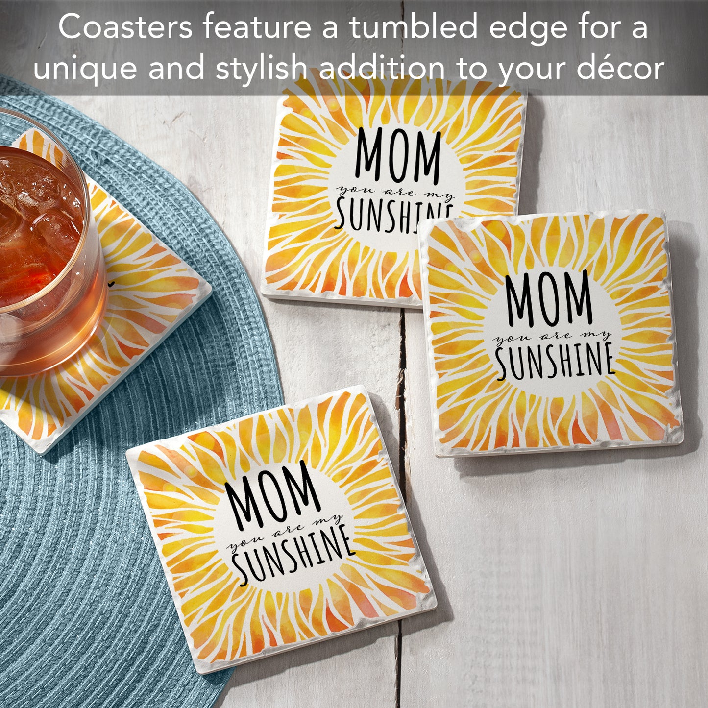 Thirstystone Mom My Sunshine 4 Pack Absorbent Stone Tumbled Tile Coasters with Protective Cork Backing 4" Square Manufactured in The USA Artistic Absorbent Easily Wipes Clean