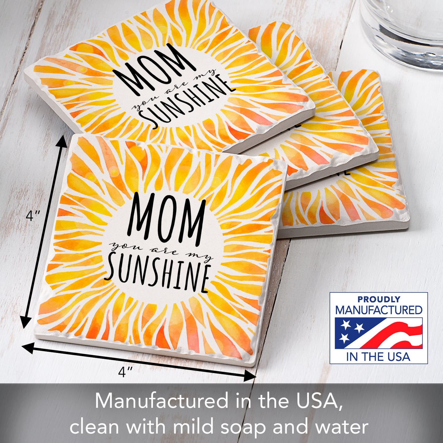 Thirstystone Mom My Sunshine 4 Pack Absorbent Stone Tumbled Tile Coasters with Protective Cork Backing 4" Square Manufactured in The USA Artistic Absorbent Easily Wipes Clean
