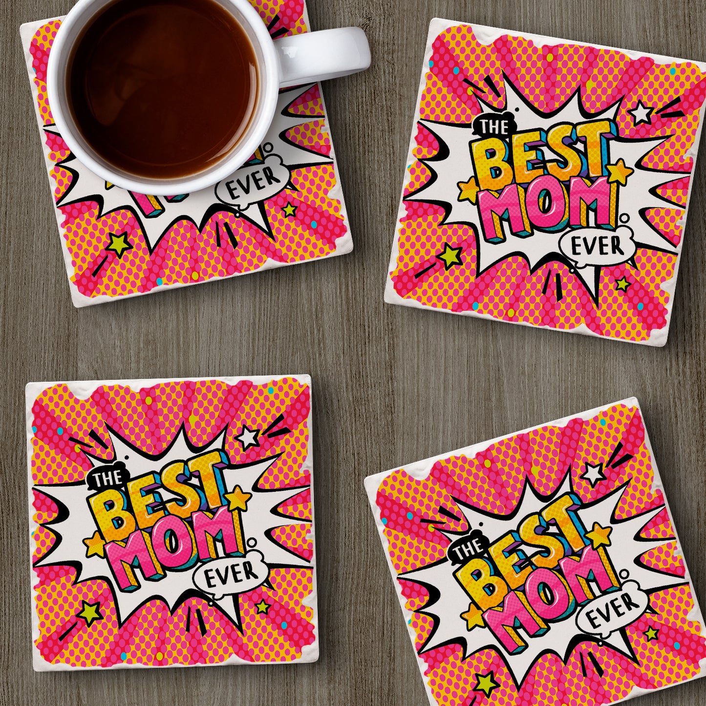 Thirstystone Best Mom Ever POW 4 Pack Absorbent Stone Tumbled Tile Coasters with Protective Cork Backing 4" Square Manufactured in The USA Artistic Absorbent Easily Wipes Clean