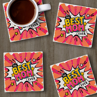 Thirstystone Best Mom Ever POW 4 Pack Absorbent Stone Tumbled Tile Coasters with Protective Cork Backing 4" Square Manufactured in The USA Artistic Absorbent Easily Wipes Clean