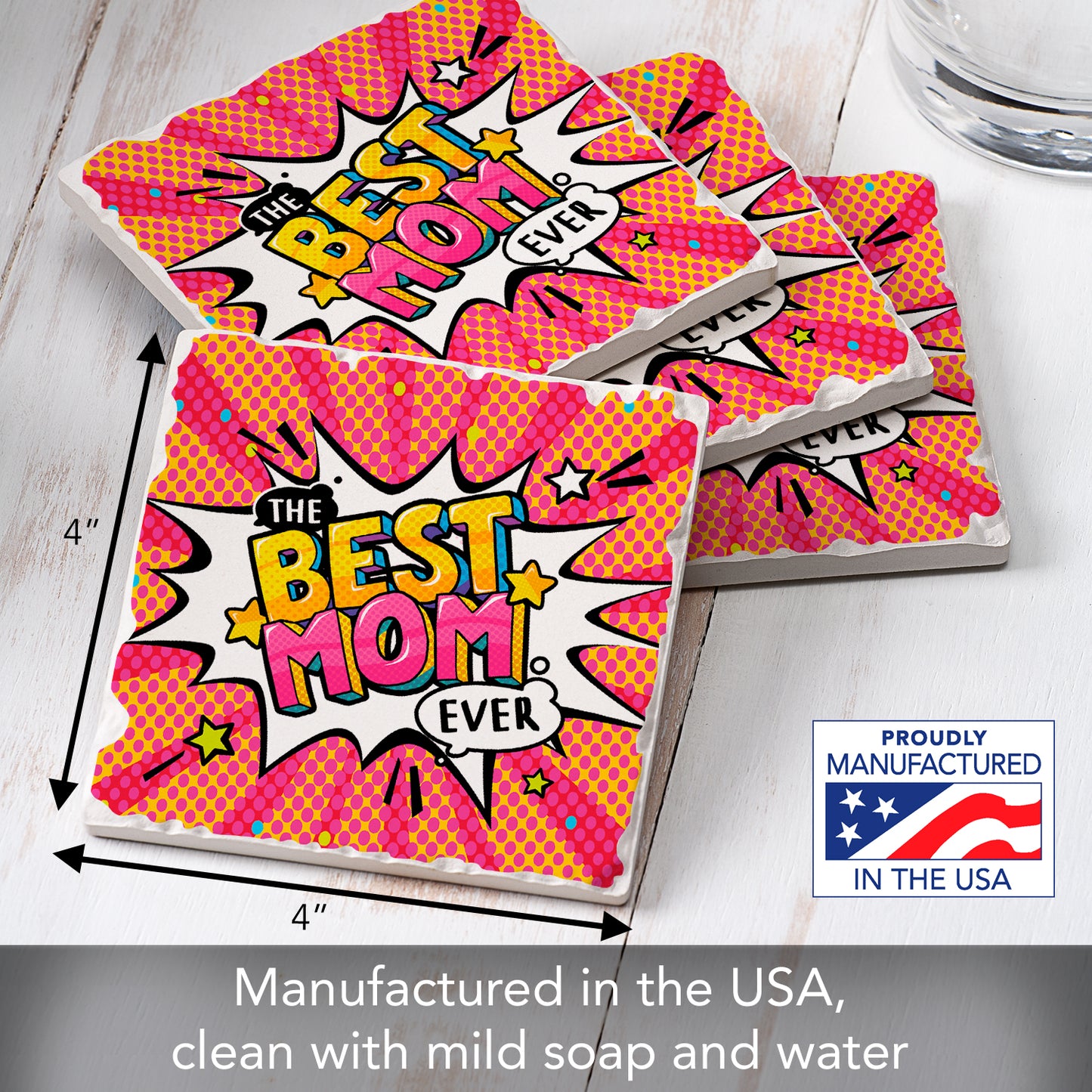 Thirstystone Best Mom Ever POW 4 Pack Absorbent Stone Tumbled Tile Coasters with Protective Cork Backing 4" Square Manufactured in The USA Artistic Absorbent Easily Wipes Clean