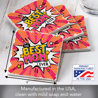 Thirstystone Best Mom Ever POW 4 Pack Absorbent Stone Tumbled Tile Coasters with Protective Cork Backing 4" Square Manufactured in The USA Artistic Absorbent Easily Wipes Clean
