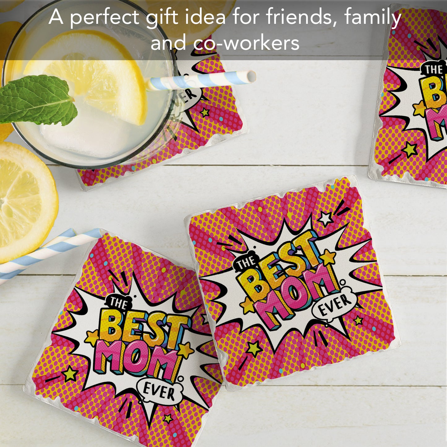 Thirstystone Best Mom Ever POW 4 Pack Absorbent Stone Tumbled Tile Coasters with Protective Cork Backing 4" Square Manufactured in The USA Artistic Absorbent Easily Wipes Clean