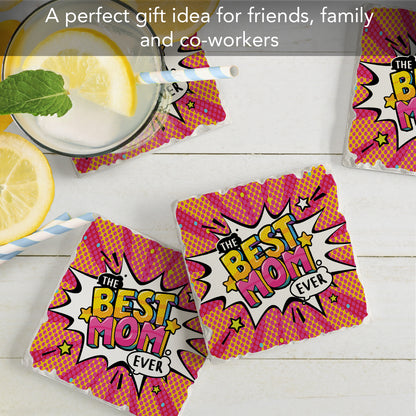 Thirstystone Best Mom Ever POW 4 Pack Absorbent Stone Tumbled Tile Coasters with Protective Cork Backing 4" Square Manufactured in The USA Artistic Absorbent Easily Wipes Clean