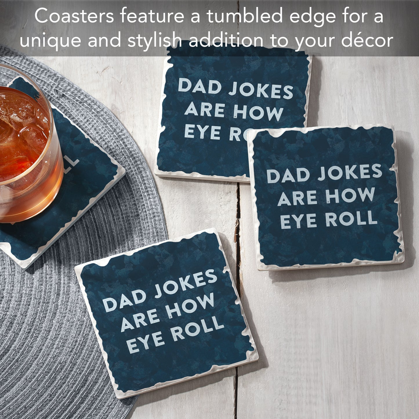 Thirstystone Dad Jokes 4 Pack Absorbent Stone Tumbled Tile Coasters with Protective Cork Backing 4" Square Manufactured in The USA Artistic Absorbent Easily Wipes Clean